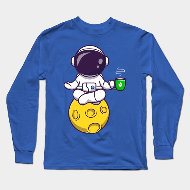 Astronaut Yoga On Moon With Coffee Cartoon Long Sleeve T-Shirt by Catalyst Labs